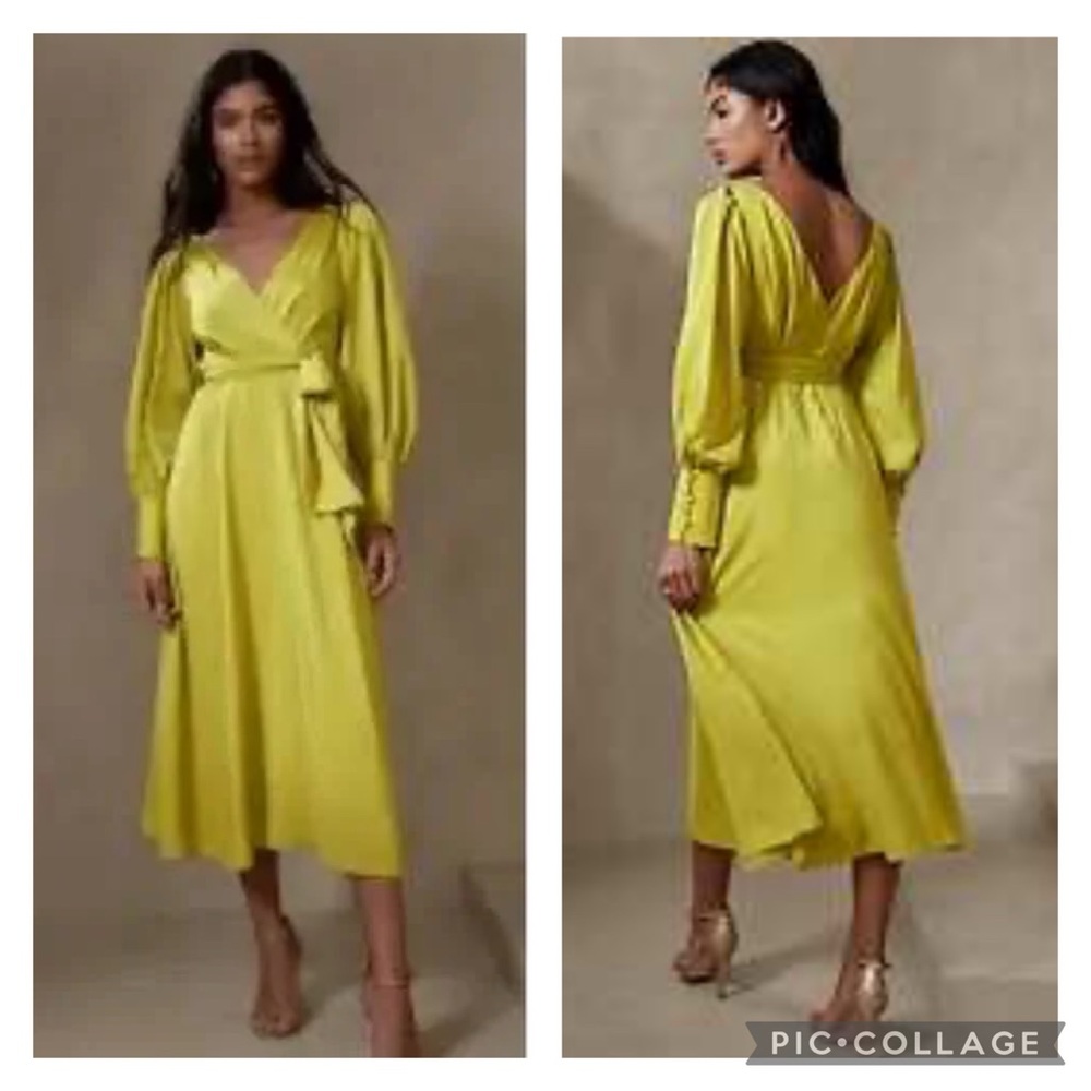 Banana Republic Factory Green Wrap Midi Dress with Bishop Sleeves